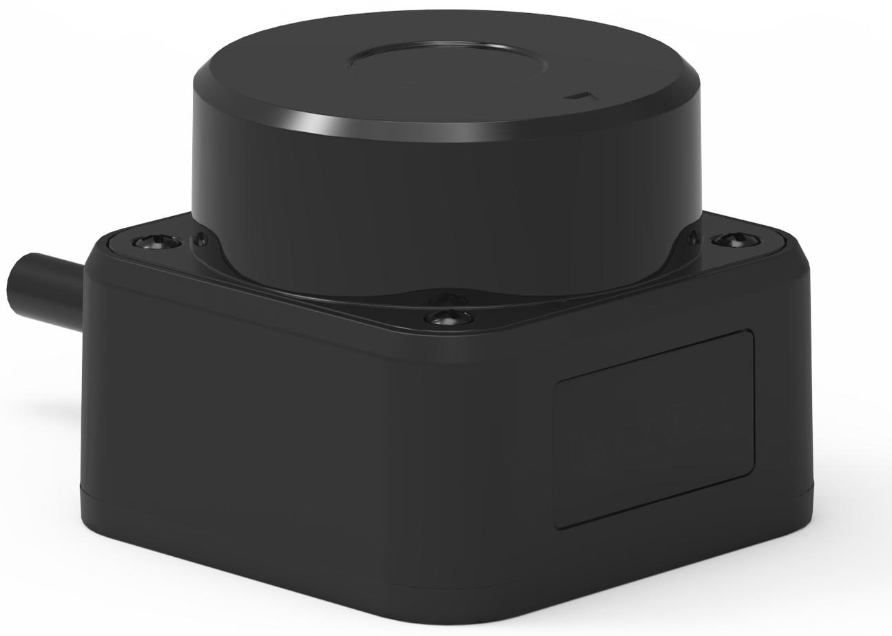 A spinning 2D LiDAR, three-quarter view: the rotating turret sits on a squarish base, with the cable gland on the left and a blank label plate on the front right
