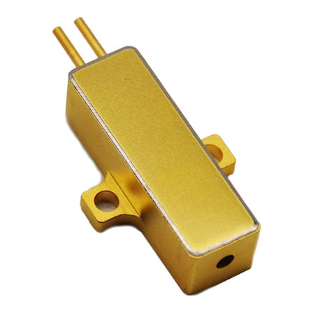 Flanged gold-plated metal package for a 1535 nm eye-safe transmitter: two pins on top, two mounting flanges at the waist and the emission aperture at the nose
