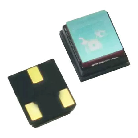 Ceramic LCC avalanche photodiode shown both ways up: the chip under its window on one face, four gold pads on the other