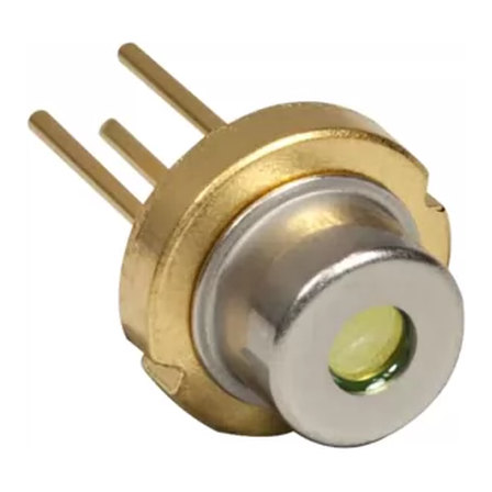 TO56 laser diode, three-quarter view: gold-plated header, silver cap with a round emission window, and three leads