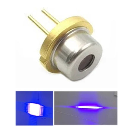 TO9 laser package with a flat window, over two insets showing the near-field and far-field spot of the blue beam